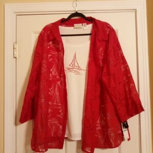 Alfred Dunner Red Sheer Mid Sleeve Button Down Top With Tank Top Sewd Size 20W